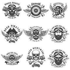Set of biker emblems. Racer skull with crossed pistons. Extreme motorsport. Design elements for logo, label, emblem, sign.