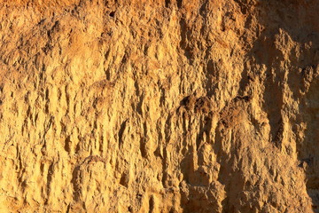 Detail of natural orange brown loamy (clay) soil of ravine wall with rough texture background