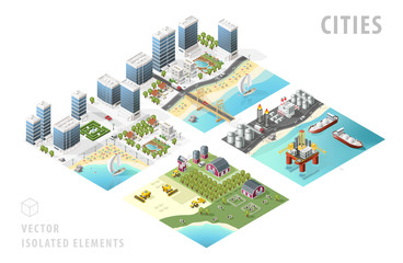 Set of Isolated Isometric Realistic City Maps. Elements with Shadows on White Background