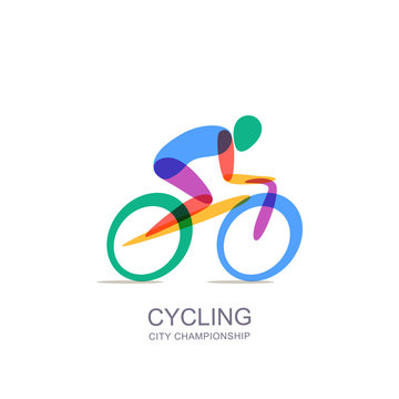 Vector cycling logo, icon, emblem design template. Human silhouette on colorful bike, overlapping isolated illustration. Concept for marathon, race, competition, healthy lifestyle and outdoor sports.