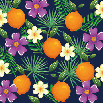 tropical garden with orange vector illustration design fruits, leaves and flowers, summer and exotic concept
