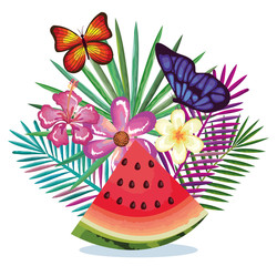 tropical garden with watermelon vector illustration design fruits, leaves and flowers, summer and exotic concept