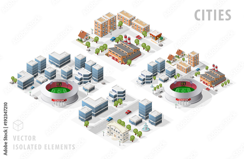 Aufkleber set of isolated isometric realistic city maps. elements with shadows on white background