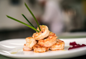 Prawns dinner meal plate dish restaurant gourment chef lunch delicious grilled 