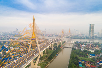 Fototapeta na wymiar Modern bridge architecture with Chao phra ya river during sunrise