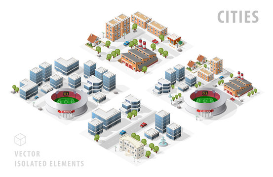 Set of Isolated Isometric Realistic City Maps. Elements with Shadows on White Background