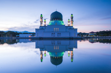 blue hour sunrise at floating mosque Kota Kinabalu, Sabah Malaysia.