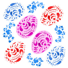 Easter watercolor hand drawn set with ornate colorful eggs in russian style