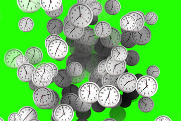 many clocks flowing, time to wake up for breakfast, modern white metallic alarm clock on chroma key green screen background, concept of time