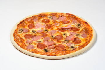 Pizza with Bavarian sausage, cervelat, carbonate, mozzarella cheese on white background