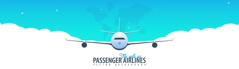 Passenger Airlines. Clouds sky background with airplane. Vector illustration