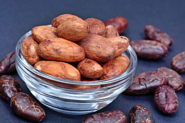Cacao beans in a transparent bowl on blue background