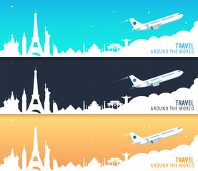 Set of Travel banners with landmarks and airplane. Around the world. Tourism background. Vector illustration