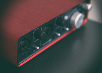 Close-up view of Professional portable red sound card.