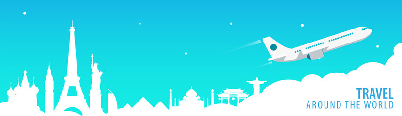Travel banner with landmarks and airplane. Around the world. Tourism background. Vector illustration