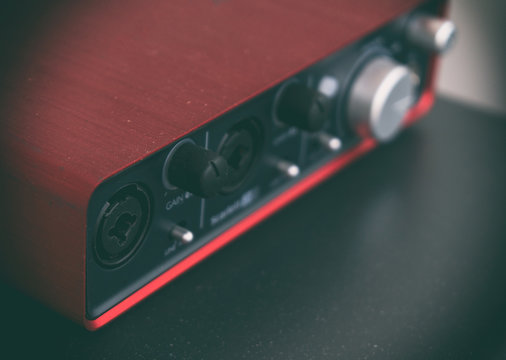 Close-up view of Professional portable red sound card.