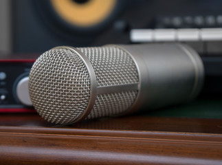Portable sound card and condenser microphone. Concept of home music studio.