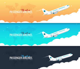 Set of Passenger Airlines banners. Clouds sky background with airplane. Vector illustration