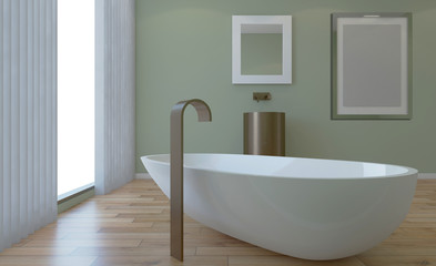 Fototapeta na wymiar Modern bathroom including bath and sink. 3D rendering.. Empty paintings