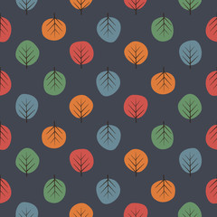 Cute trees seamless pattern. Dark nature background with bright leaves. Autumn forest vector illustration. Design for textile, wallpaper, fabric.