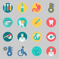Icons set about Medical. with test tubes, stethoscope and wheelchair