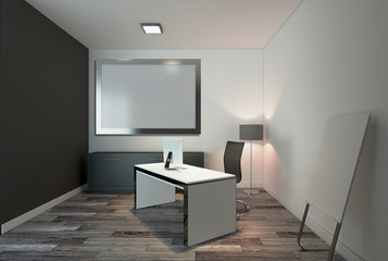 Open space office interior with like conference room. Mockup. 3D rendering.. Blank paintings