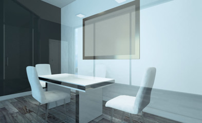 Front view of an office interior with a row of dark wood tables. 3D rendering.. Blank paintings