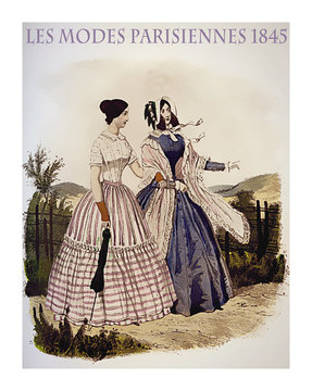 1845 vintage fashion, French magazine Les Modes Parisiennes presents two ladies walking leisurely outdoor with fancy cloths and parasol