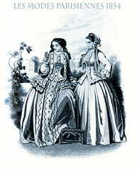 1854 vintage fashion, French magazine Les Modes Parisiennes presents two ladies walking leisurely  in garden with fancy cloths and hairdressing