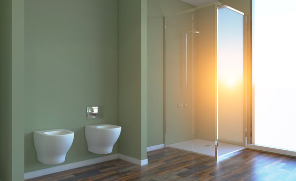 Modern bathroom including bath and sink. 3D rendering. Sunset