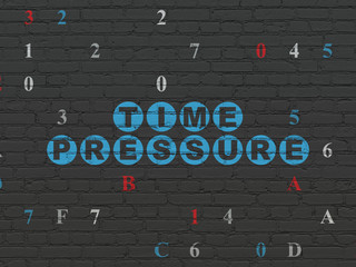 Timeline concept: Painted blue text Time Pressure on Black Brick wall background with Hexadecimal Code