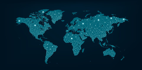 Communications network map of the world Blue map Dark blue background