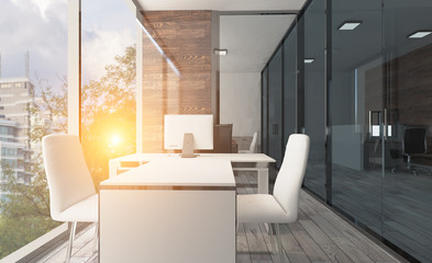 Open space office interior with like conference room. Mockup. 3D rendering. Sunset