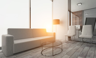 Conference room with wooden table. 3D rendering. Sunset