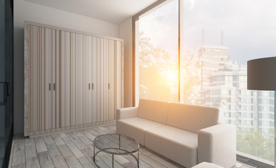 Modern office Cabinet. Meeting room. 3D rendering. Sunset