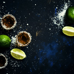 Strong alcoholic drink with salt and lime, dark background, top view