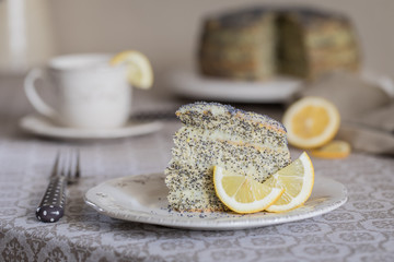 A piece of Cake with poppy seeds and lemon cream and a cup of tea