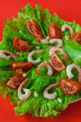 Salad of peeled shrimps and cherry tomatoes served on a leaf of fresh lettuce. Mediterranean Kitchen. Serving option. Close-up. Red background.
