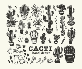 Vector collection of black hand drawn cactus sketch collection isolated on white background. Flat cactus icon set. Nature elements illustration.