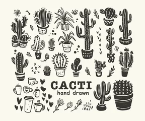 Foto op Canvas Vector collection of black hand drawn cactus sketch collection isolated on white background. Flat cactus icon set. Nature elements illustration. © artflare