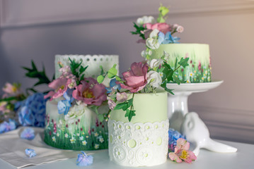 Obraz na płótnie Canvas Wedding spring cake decorated with colorful flowers and hydrangeas. Desserts for a festive summer mood