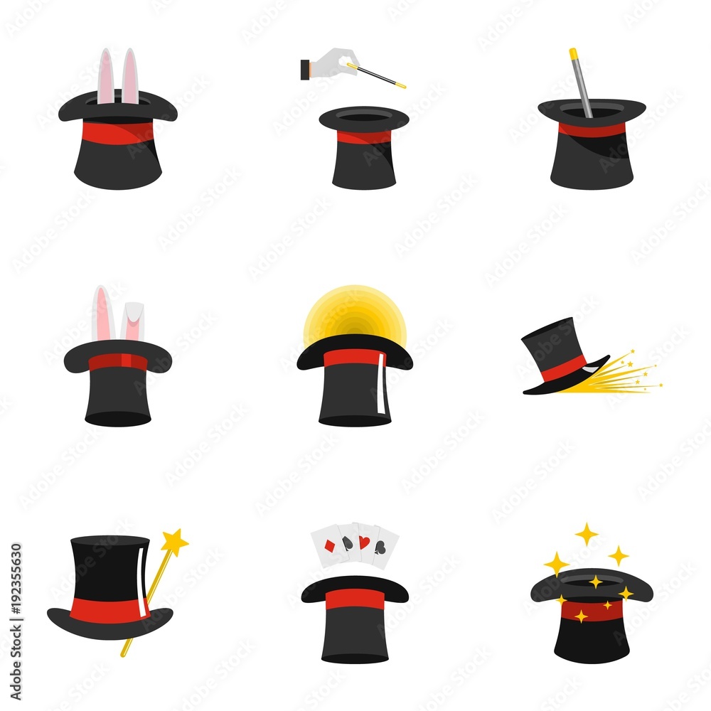 Poster magic hat icons set. flat set of 9 magic hat vector icons for web isolated on white background