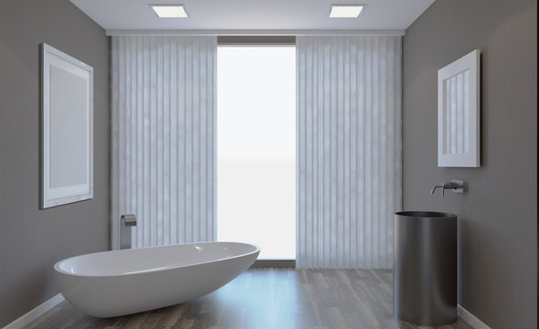 Clean and fresh bathroom with natural light. 3D rendering.. Empty paintings
