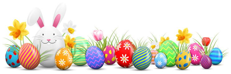 Wielkanocny królik z malującymi kolorowymi Easter jajkami i kwiatami odizolowywającymi - 192355808