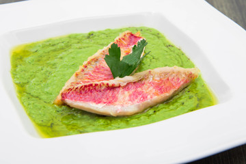 peas soup with mullet fillet