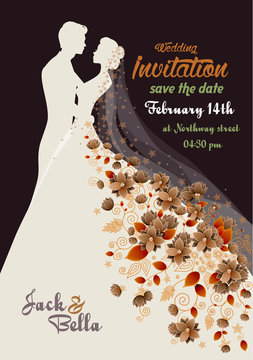 floral wedding invitation with a groom and bride
