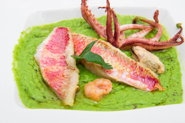 peas soup with mullet fillet and tentacles of squid