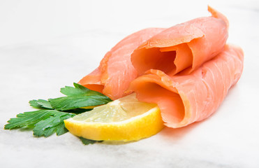 marble dish with smoked salmon slices