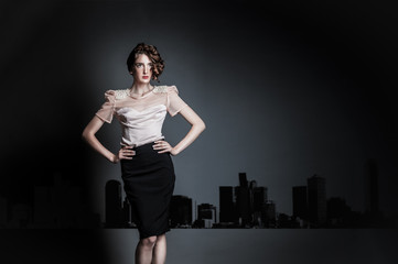 beautiful fashion model girl posing in designers close in studio