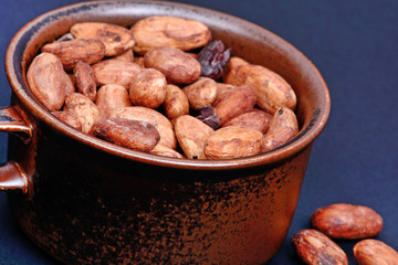 Group of cocoa beans in a cup on blue background